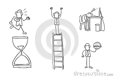 Quick hand drawing businessman set. Running on sand watch, standing on top of wooden ladder, sleeping at computer desk, holding Vector Illustration