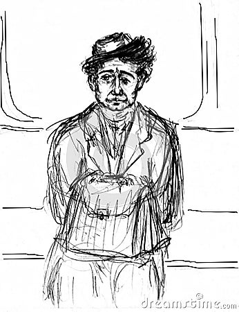 A quick pencil sketch of a seated man with a briefcase in a subway car. Simple rough drawing. Stock Photo