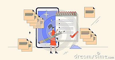 Quick tasks or jotting as effective time management retro tiny person concept Vector Illustration