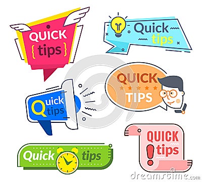 Quick tip labels. Tips and tricks suggestion, quickly help advice. Helpful service vector banners Vector Illustration