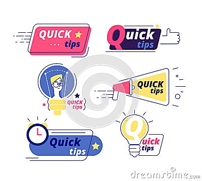 Quick tip. Tricks quick tips solution logos helpful advice text shapes isolated vector labels Vector Illustration