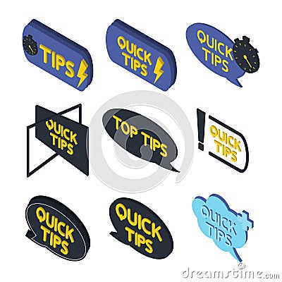 Quick tips. Abstract shapes, speech bubbles, exclamation mark with text. Helpful tricks, tooltip. Abstract isometric banner with Vector Illustration