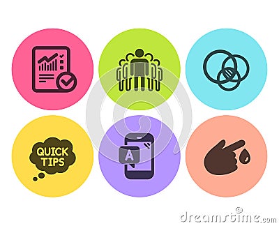 Quick tips, Checked calculation and Euler diagram icons set. Ab testing, Group and Blood donation signs. Vector Vector Illustration