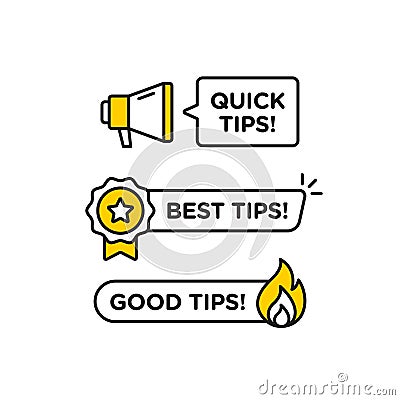Quick tips, helpful tricks vector logo icon or symbol set with black and yellow color and lightbulb element suitable for web. Vector Illustration
