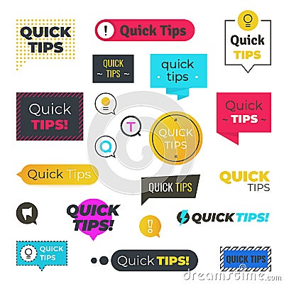 Quick tips logos and banners. Helpful tricks shapes, advices and suggestions emblems. Vector information label guide for Vector Illustration