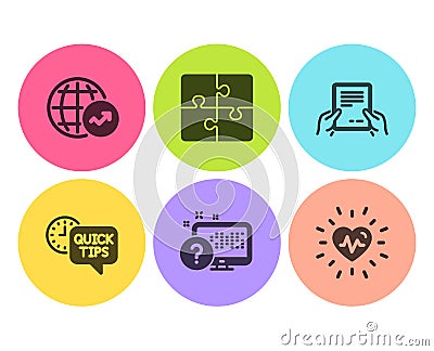 Quick tips, Receive file and Online quiz icons set. World statistics, Puzzle and Heartbeat signs. Vector Vector Illustration