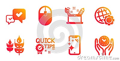 Quick tips, Smartphone clean and Computer mouse icons set. Gluten free, Approve and Creativity concept signs. Vector Vector Illustration