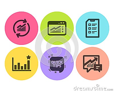 Quick tips, Web traffic and Efficacy icons set. Update data, Checklist and Accounting signs. Vector Vector Illustration