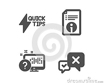Quickstart guide, Technical info and Online quiz icons. Reject sign. Vector Vector Illustration