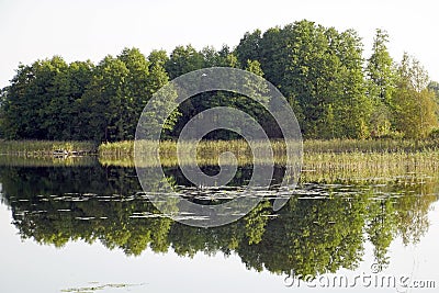 Quiet autumn September day. Lake and forest. Reflection in water. Reeds of the lake. Stock Photo