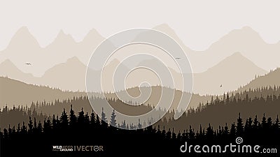 Quiet background. Fir forest, on the horizon of the mountain. Orange tone. Sunset. Recreation. Birds Vector Illustration