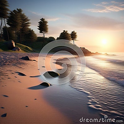 a quiet beach at sunrise untouched by any human activities trending on artstation sharp focus Stock Photo