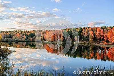 Quiet colorful lake that reflects autumn leaves, blue sky with clouds, sunset Stock Photo