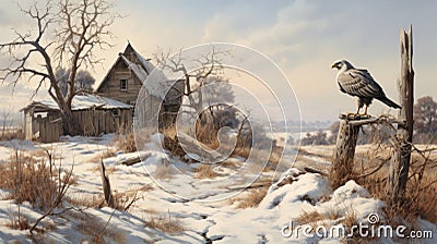 Quiet Contemplation: A Historical Illustration Of A Hawk On A Snowy Field Stock Photo