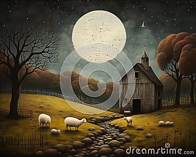 Moonlit Serenity: A Rustic Vignette of a Church and Sheep in a P Stock Photo