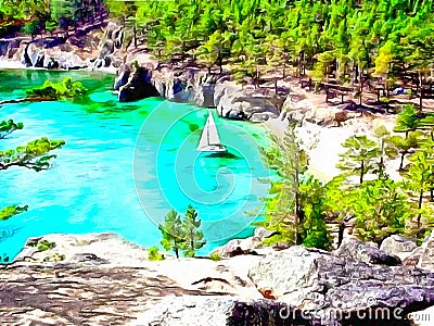 Quiet cove and Boat on it. The steep rocky Shores of a mountain Lake Stock Photo