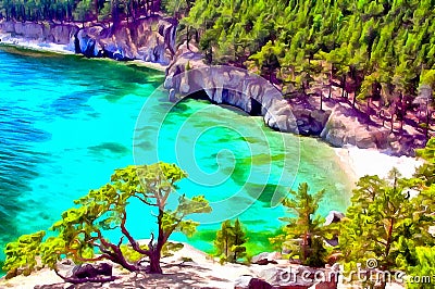 Quiet cove in a Mountain Lake, steep cliffs on the Shore Stock Photo