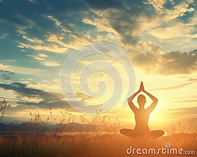 Person in lotus pose meditating during sunrise with silhouette of trees against a clouded sky Stock Photo