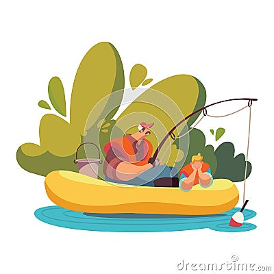 Quiet fishing on calm lake, two male characters, vector illustration, isolated on white background. Characters with Vector Illustration