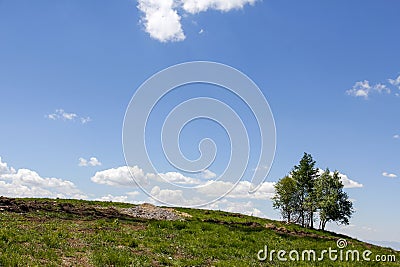 A quiet pasture on the mountain, green trees, huge electric windmill Stock Photo