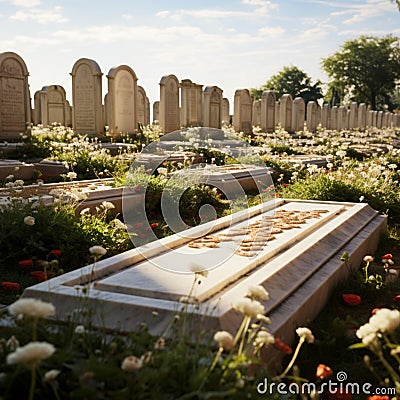 Quiet repose Cemetery adorned with rows of solemn grave stones Stock Photo