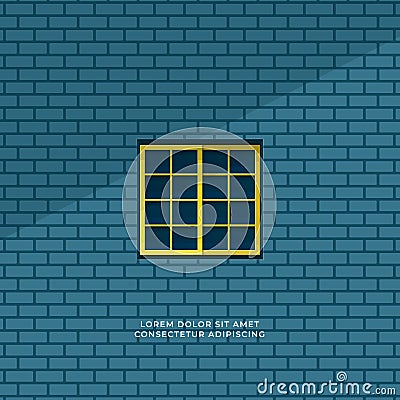 Quiet room seen form outside window minimal illustration concept. closed square window and blue brick wall background vector Vector Illustration