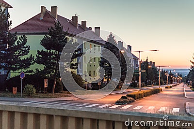 Quiet street with accomodation and a row of pine trees on either side Stock Photo