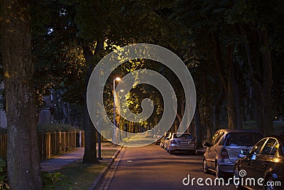 Quiet street alley at the late dark night Stock Photo