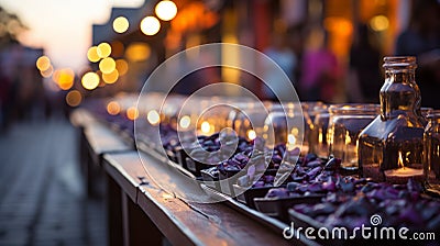 In a quiet street lined with candles, a table laden with a vibrant spread of food Stock Photo