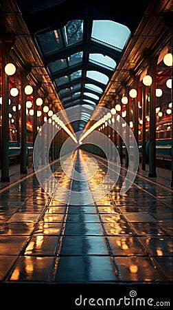 Quiet subway tunnel walkway awaits passengers amidst empty platforms Stock Photo