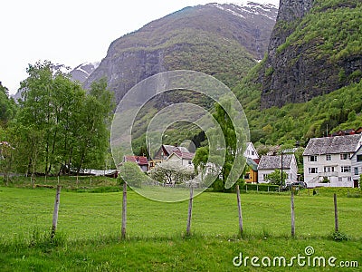Quiet village at the foot of the mountains in Norway Stock Photo