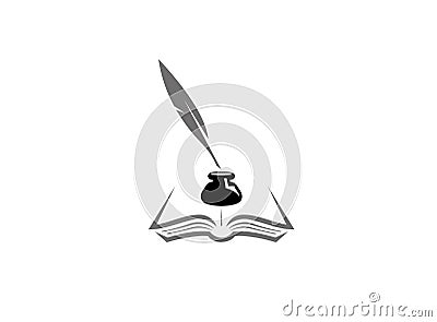 Quill inside an inkwell in the papers on an open book, Feder und Buch mit Tintenfass for logo Cartoon Illustration