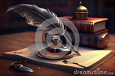 Quill pen and ink well resting on an old book in a library. Generative ai Stock Photo