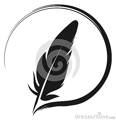 Quill pen round logo. Black feather symbol Vector Illustration