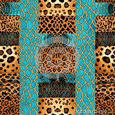 Quilt-Inspired Array of Leopard Spots and Aqua Textures in Patchwork Design Stock Photo
