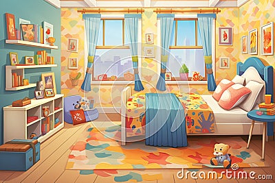 quilted bedcover with colorful patterns in a childs room Stock Photo