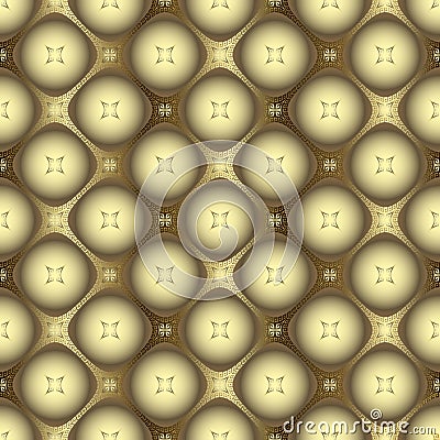 Quilted gold 3d seamless pattern. Waffle greek golden background. Ornamental repeat glow vector backdrop. Luxury surface quilted Vector Illustration