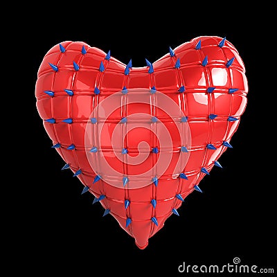 quilted heart with silver, kinky metal, steel spikes on surface, isolated black background rendering. BDSM style valentine. Stock Photo