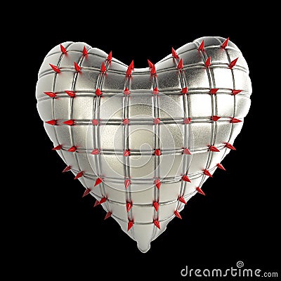 quilted heart with silver, kinky metal, steel spikes on surface, isolated black background rendering. BDSM style valentine. Stock Photo