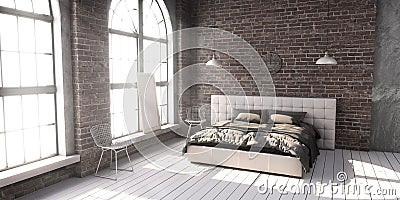 Quilted king size bed in the loft style bedroom. Stock Photo