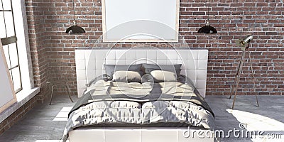 Quilted king size bed in the loft style bedroom. Stock Photo