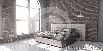 Quilted king size bed in the loft style bedroom. Stock Photo