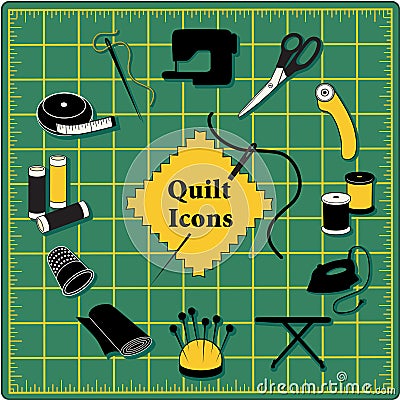 Quilt, Patchwork, DIY Sewing Icons on Square Green Cutting Mat Vector Illustration