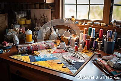 quilting tools and materials on a crafting table Stock Photo