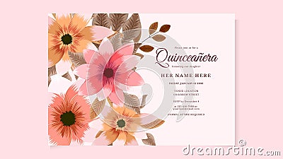 Quinceanera flowers Invite Template for Birthday party of 15 year old Vector Illustration