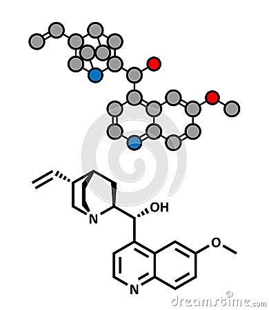 Quinine malaria drug molecule. Isolated from cinchona tree bark Stock Photo