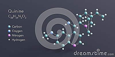 quinine molecule 3d rendering, flat molecular structure with chemical formula and atoms color coding Stock Photo