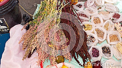 Quinoa and bags of dried beans at Muyu Raymi Editorial Stock Photo