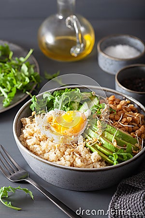 Quinoa bowl with egg, avocado, cucumber, lentil. Healthy vegetarian lunch Stock Photo
