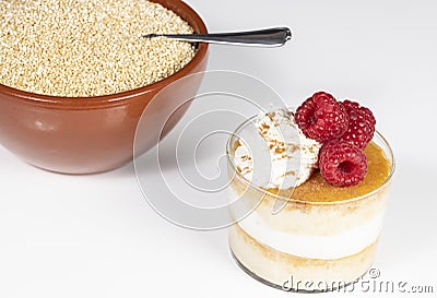 Quinoa flan with cream and raspberries Stock Photo